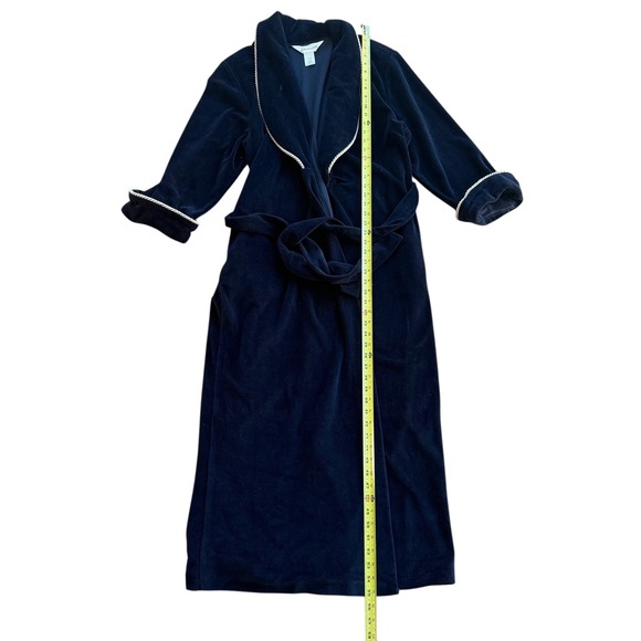Diamond Tea Velvet Robe Navy Blue Petite Long Sleeve Tie Waist - Picture 8 of 10